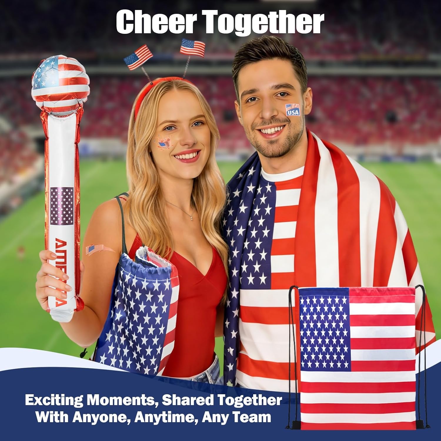 2026 World Cup Merch Soccer Fan Set Includes 10Pcs Country Supporter Kit with Flag Headband, 2 Thunder Sticks,Flag,Wristband,Drawstring Bag,Dry Erase Schedule Poster & Pen