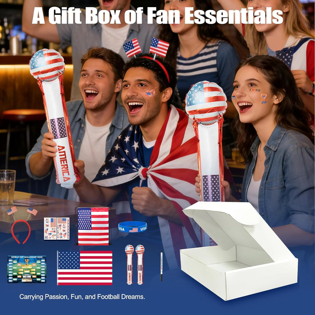 2026 World Cup Merch Soccer Fan Set Includes 10Pcs Country Supporter Kit with Flag Headband, 2 Thunder Sticks,Flag,Wristband,Drawstring Bag,Dry Erase Schedule Poster & Pen