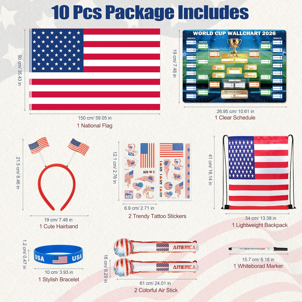 2026 World Cup Merch Soccer Fan Set Includes 10Pcs Country Supporter Kit with Flag Headband, 2 Thunder Sticks,Flag,Wristband,Drawstring Bag,Dry Erase Schedule Poster & Pen